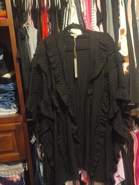 Black Ruffle Open-Front Kimono Robe - Women's